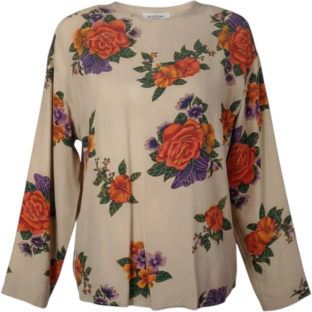 Liz Claiborne Collection 100% Silk Floral Blouse Tan Orange Purple Size 14